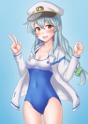 Rule 34 | 1girl, anti (untea9), blue background, blue one-piece swimsuit, blush, braid, breasts, cleavage, collarbone, competition swimsuit, gluteal fold, gradient background, grey eyes, grey hair, hat, high school fleet, highres, jacket, kantai collection, long hair, long sleeves, looking at viewer, one-piece swimsuit, open mouth, peaked cap, small breasts, smile, solo, swimsuit, two-tone swimsuit, v, wavy hair, yamagumo (kancolle), yokosuka girls marine high school swimsuit