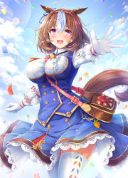 Rule 34 | 1girl, :d, ahoge, akashio (loli ace), animal ears, bag, between breasts, blue skirt, blue sky, blue vest, blush, breasts, brown hair, cloud, commentary request, confetti, frilled shirt collar, frills, gloves, hair between eyes, hairband, highres, horse ears, horse girl, horse tail, lace, lace-trimmed skirt, lace trim, large breasts, lens flare, long sleeves, looking at viewer, meisho doto (umamusume), multicolored hair, open mouth, outstretched arms, pink hairband, purple eyes, shirt, short hair, skirt, sky, smile, solo, strap between breasts, tail, thighhighs, two-tone hair, umamusume, vest, white gloves, white hair, white shirt