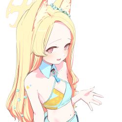 Rule 34 | 1girl, animal ears, arm at side, bare shoulders, blonde hair, blue archive, blush, breasts, bright pupils, cleavage, collar, criss-cross halter, crop top, ear ornament, eyelashes, flower, forehead, hair flower, hair ornament, halo, halterneck, hand up, highres, long hair, looking at viewer, looking to the side, midriff, millennium cheerleader outfit (blue archive), momoeolia, navel, open mouth, orange eyes, parted bangs, seia (blue archive), sideways glance, simple background, sketch, small breasts, smile, solo, straight hair, tongue, upper body, white background, white collar, yellow halo