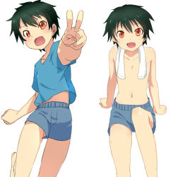 Rule 34 | 1boy, aged down, black hair, child, fang, hataraku maou-sama!, looking at viewer, looking up, male focus, maou sadao, multiple views, navel, open mouth, red eyes, short hair, shorts, simple background, sisseltiger, sitting, smile, towel, v, white background