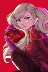 Rule 34 | 1girl, blonde hair, blue eyes, bodysuit, breasts, caminukai, closed mouth, commentary, earrings, english commentary, female focus, gloves, hair ornament, hairclip, highres, holding, holding mask, jewelry, lips, long hair, looking at viewer, mask, medium breasts, persona, persona 5, pink gloves, pink lips, red background, red bodysuit, simple background, smile, solo, swept bangs, takamaki anne, twintails, twitter username, unworn mask