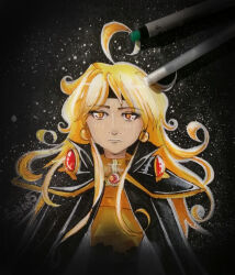 1girl ahoge alternate_eye_color alternate_hair_color bandana blonde_hair cape commentary earrings engiebr english_commentary expressionless jewelry lina_inverse long_hair looking_at_viewer lord_of_nightmares marker_(medium) official_alternate_eye_color official_alternate_hair_color possessed possession slayers traditional_media yellow_eyes