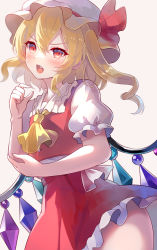 Rule 34 | 1girl, 60mai, ascot, blonde hair, blush, commentary, crystal, fang, flandre scarlet, hand on own arm, hand up, hat, hat ribbon, looking at viewer, mob cap, open mouth, puffy short sleeves, puffy sleeves, red eyes, red vest, ribbon, short sleeves, side ponytail, simple background, skirt, skirt set, solo, touhou, vest, white background, white hat, wings, yellow ascot