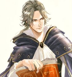 Rule 34 | 1boy, black hair, book, cape, cyrus (octopath traveler), jewelry, male focus, necklace, octopath traveler, octopath traveler i, ponytail, regan (hatsumi), short hair, simple background, smile, solo, yellow eyes