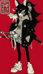 Rule 34 | 1girl, animal, animal ear fluff, animal ears, animal on shoulder, black eyes, black hair, black jacket, cat on shoulder, highres, holding, holding sheath, hololive, hood, hoodie, jacket, katana, long hair, looking down, monochrome, ookami mio, open mouth, ponytail, red background, sheath, sheathed, shoes, sneakers, solo, sword, tamo (gaikogaigaiko), virtual youtuber, weapon, wolf ears