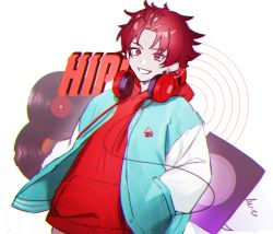 Rule 34 | 1boy, blue jacket, commentary, earrings, headphones, jacket, jewelry, long sleeves, looking at viewer, male focus, nyamnyam0502, paradox live, red eyes, red hair, red shirt, shirt, short hair, smile, solo, sugasano allen, white background