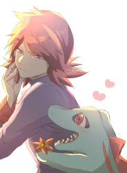 Rule 34 | 1boy, blush, closed mouth, commentary request, creatures (company), flower, game freak, gen 2 pokemon, gopan (pkghnman), hand up, heart, highres, holding, holding flower, jacket, long sleeves, looking back, male focus, medium hair, nintendo, orange flower, pokemon, pokemon (creature), pokemon hgss, purple eyes, silver (pokemon), simple background, totodile, upper body, white background