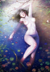Rule 34 | 1girl, afloat, arm up, armpits, blue eyes, breasts, breasts apart, cherry blossoms, collarbone, comic anthurium, completely nude, convenient censoring, convenient leg, eyelashes, fingernails, flower, from above, half-closed eyes, head tilt, highres, knee up, light smile, lily pad, lips, long hair, looking at viewer, lying, lying on water, makeup, mascara, medium breasts, nababa, nail polish, navel, nipples, non-web source, nose, nude, on back, original, pale skin, parted lips, partially submerged, petals, red lips, short hair, solo, stomach, water, wet, wet hair, wetland, white nails
