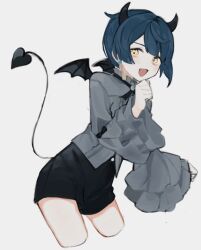 Rule 34 | 1boy, androgynous, black necktie, black shorts, blue hair, demon boy, demon horns, demon tail, demon wings, genshin impact, grey background, grey shirt, highres, hnnoo, horns, long sleeves, looking at viewer, male focus, necktie, open mouth, shirt, short hair, shorts, smile, solo, tail, wings, xingqiu (genshin impact), yellow eyes