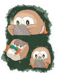Rule 34 | abstract background, animal, animal focus, beak, bird, bow, bowtie, bright pupils, brown feathers, creatures (company), feathers, game freak, gen 7 pokemon, green background, green bow, green bowtie, highres, hiyoko kurabu, holding, holding phone, looking at object, looking at phone, lying, motion lines, nintendo, o o, on back, on stomach, open mouth, owl, phone, pokemon, pokemon (creature), rowlet, scared, simple background, sitting, solo, sparkle, sparkling eyes, talons, trembling, white feathers, white pupils
