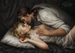 Rule 34 | 1boy, 1girl, arm hair, artist name, bed sheet, blonde hair, boy on top, breast hold, breasts, brown hair, collared shirt, couple, dress, dress shirt, elena berezina, eyebrows, closed eyes, face-to-face, facial hair, from side, hetero, imminent kiss, lips, lying, medium breasts, on back, on bed, original, parted lips, pillow, ponytail, profile, see-through, shirt, short hair, watermark, white dress, white shirt, wing collar