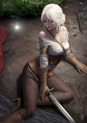 Rule 34 | 1girl, breasts, ciri, freckles, gloves, green eyes, highres, jewelry, lips, long hair, looking at viewer, makeup, medium breasts, necklace, scar, short hair, silver hair, solo, sword, the witcher (series), the witcher 3, weapon, yaegraam