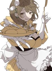 Rule 34 | 1girl, apron, braid, breasts, brown eyes, brown hair, cleavage, cleavage cutout, clothing cutout, fire emblem, fire emblem engage, frilled apron, frills, gloves, goldmary (fire emblem), hair ornament, hair ribbon, highres, holding, holding plate, illust mi, large breasts, looking at viewer, nintendo, plate, ribbon, side braid, smile, solo, white apron, white background, white gloves, white ribbon