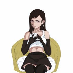 Rule 34 | 1girl, absurdres, bare legs, bare shoulders, black hair, breasts, final fantasy, final fantasy vii, highres, large breasts, looking at viewer, phone, red eyes, sitting, sketch, skirt, solo, square enix, tank top, thighhighs, tifa lockhart, zel