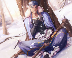 Rule 34 | 1boy, animal, armor, belt, bird, blue hair, bracelet, capelet, cu chulainn (caster) (fate), cu chulainn (fate), cu chulainn (fate/stay night), earrings, fate/grand order, fate (series), feathers, full body, fur-trimmed hood, fur trim, gravesecrets, greaves, holding, holding staff, hood, hood down, hooded capelet, jewelry, long hair, male focus, muscular, outdoors, pants, red eyes, sitting, skin tight, smile, snow, snowing, spiked hair, staff, tree, type-moon, vambraces, winter, wooden staff