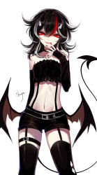 Rule 34 | 1girl, absurdres, alternate costume, arm at side, artist name, bad id, bad pixiv id, bare shoulders, black hair, black shorts, black thighhighs, black wings, choker, cross, cross necklace, demon tail, grey horns, hair between eyes, hand to own mouth, hand up, highres, horns, jewelry, kijin seija, looking at viewer, midriff, multicolored hair, nail polish, navel, necklace, parted lips, red eyes, red hair, red nails, sheya, short shorts, shorts, simple background, smile, solo, strapless, streaked hair, tail, thighhighs, touhou, tube top, white background, white hair, wings