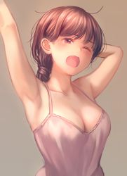 Rule 34 | 1girl, ;o, arm behind head, armpits, arms up, breasts, brown eyes, brown hair, camisole, cleavage, collarbone, dress, eyebrows, fang, gradient background, large breasts, nishizawa, one eye closed, open mouth, original, pink dress, ponytail, short hair, sleeveless, sleeveless dress, solo, stretching, tooth, upper body, yawning