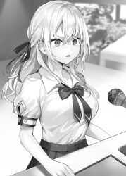 Rule 34 | 1girl, absurdres, alisa mikhailovna kujou, breasts, buttons, classroom, collarbone, collared shirt, commentary request, crossed bangs, desk, dress shirt, floor, furrowed brow, greyscale, hair intakes, hair ornament, hair over shoulder, hair ribbon, hand on table, highres, indoors, long hair, looking ahead, loose clothes, loose neck ribbon, loose shirt, lower teeth only, medium breasts, microphone, momoko (momopoco), monochrome, neck ribbon, novel illustration, official art, open mouth, parted bangs, parted lips, pleated skirt, puffy short sleeves, puffy sleeves, ribbon, school uniform, serious, shirt, short sleeves, sidelocks, skirt, solo, swept bangs, table, teeth, tokidoki bosotto roshia-go de dereru tonari no arya-san, writing