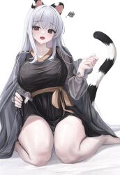 Rule 34 | 1girl, absurdres, animal ears, barefoot, black dress, breasts, collarbone, commentary, copyright request, covered erect nipples, dress, fang, g home, grey eyes, grey hair, hand up, highres, large breasts, long hair, long sleeves, looking at viewer, open mouth, puffy long sleeves, puffy sleeves, see-through, see-through sleeves, simple background, sitting, solo, squiggle, striped tail, symbol-only commentary, tail, very long hair, wariza, wet, white background