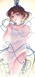 Rule 34 | 1girl, absurdres, brown hair, bubble, chromatic aberration, dress, electrodes, feet out of frame, floating hair, hand up, highres, iwakura lain, looking at viewer, no panties, parted lips, saito ae, serial experiments lain, shadow, short hair, solo, spaghetti strap, white dress, wire