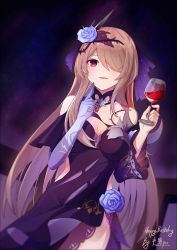 Rule 34 | 1girl, :d, absurdres, alcohol, bare shoulders, brown hair, cup, dress, drinking glass, flower, gloves, hair flower, hair ornament, hair over one eye, halfmoe, highres, holding, holding cup, honkai (series), honkai impact 3rd, long hair, looking at viewer, mole, mole under eye, night, night sky, open mouth, outdoors, purple dress, purple eyes, purple flower, purple gloves, purple rose, rita rossweisse, rita rossweisse (fallen rosemary), rose, single glove, sky, sleeveless, sleeveless dress, smile, star (sky), wine, wine glass