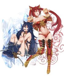 Rule 34 | 10s, 2girls, animal ears, animal hands, armor, bare shoulders, bikini armor, blue hair, bound, breasts, cerberus (shingeki no bahamut), chain, erune, fangs, fenrir (shingeki no bahamut), granblue fantasy, hand puppet, large breasts, long hair, moshoko (mizuneroku), multiple girls, navel, open mouth, puppet, red eyes, red hair, shingeki no bahamut, tail, thighhighs, tied up, twintails, very long hair, white background, wolf ears, wolf tail
