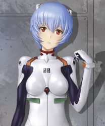 Rule 34 | 1girl, ayanami rei, blue hair, bodysuit, breasts, facing viewer, hair between eyes, hand up, head tilt, headgear, interface headset, looking at viewer, neon genesis evangelion, parted lips, pilot suit, plugsuit, red eyes, shadow, short hair, skin tight, small breasts, solo, turtleneck, upper body, watanabe yasuaki
