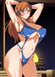 Rule 34 | 10s, 1girl, armpits, arms behind head, arms up, blush, breasts, cameltoe, contrapposto, curvy, earmuffs, embarrassed, covered erect nipples, gloves, green eyes, gundam, gundam build fighters, gundam build fighters try, huge breasts, kamiki mirai, kunifuto, legs, long hair, looking at viewer, navel, orange hair, slingshot swimsuit, solo, standing, sweatdrop, swimsuit, thighs, wide hips