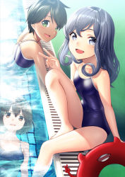 Rule 34 | 3girls, :d, abyssal ship, black hair, black one-piece swimsuit, blue eyes, blue hair, blue one-piece swimsuit, brown eyes, brown hair, collarbone, commentary request, competition school swimsuit, enemy lifebuoy (kancolle), gotland (kancolle), green eyes, hair between eyes, ise (kancolle), kantai collection, long hair, mogami (kancolle), mole, mole under eye, multiple girls, one-piece swimsuit, open mouth, partially submerged, pool, reflection, school swimsuit, short hair, sitting, smile, swimsuit, unowen, v, water