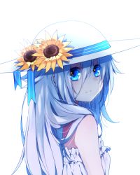 Rule 34 | 1girl, asagao minoru, blue eyes, dress, flower, hat, ia (vocaloid), long hair, looking at viewer, simple background, smile, solo, sun hat, sundress, sunflower, vocaloid, white hair