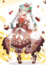 Rule 34 | 1girl, aqua hair, cake, candy, candy cane, cupcake, fingerless gloves, food, food-themed hair ornament, full body, gloves, green eyes, hair ornament, hat, hatsune miku, highres, licking, lolita fashion, lollipop, long hair, mini hat, mini top hat, pantyhose, pigeon-toed, qys3, skirt hold, solo, strawberry hair ornament, striped clothes, striped pantyhose, sweets, swirl lollipop, tongue, tongue out, top hat, twintails, vocaloid