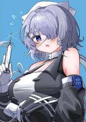 Rule 34 | 1girl, :d, arknights, black dress, black sleeves, blue background, blurry, blurry background, blush, breasts, cleavage, depth of field, detached sleeves, dress, eyepatch, flying sweatdrops, gloves, grey hair, hair over one eye, hand up, highres, holding, holding syringe, large breasts, long hair, long sleeves, open mouth, puffy long sleeves, puffy sleeves, purple eyes, simple background, smile, solo, spam (spamham4506), sweat, syringe, very long hair, whisperain (arknights), white gloves