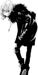Rule 34 | 00s, 1boy, androgynous, black theme, chocolate, coat, cross, death note, greyscale, jewelry, looking back, lowres, male focus, mello (death note), monochrome, necklace, rosary, solo