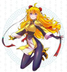 Rule 34 | 1girl, blonde hair, bodysuit, bodysuit under clothes, breasts, character request, double bun, high heels, highres, iesupa, large breasts, long hair, pelvic curtain, prosthesis, prosthetic arm, purple eyes, rwby, solo, wavy hair, yang xiao long