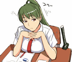 Rule 34 | 1girl, bored, breast press, desk, eraser, green hair, own hands clasped, looking at viewer, original, own hands together, paper, ponytail, solo, sword, weapon, yizumi