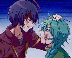Rule 34 | 2boys, ahoge, aqua hair, ashe bradley, biyo, black eyes, blood, blood from mouth, blood on face, braid, bruise, bruise on face, clenched teeth, dirty, dirty clothes, evil smile, eye contact, from side, grabbing another&#039;s hair, gradient background, green shirt, grey shirt, hair between eyes, hair over shoulder, hood, hoodie, injury, long hair, looking at another, male focus, multicolored hair, multiple boys, parted lips, portrait, profile, purple hair, red hair, red hoodie, shirt, short hair, single braid, smile, spoilers, streaked hair, sweatdrop, teeth, torn clothes, upper body, wilardo adler, witch&#039;s heart, yellow eyes