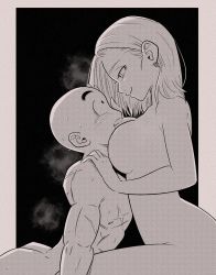 Rule 34 | 1boy, 1girl, android 18, ass, bald, black background, blush, breasts, clenched teeth, closed mouth, completely nude, couple, dragon ball, dragonball z, earrings, eye contact, from side, greyscale, half-closed eyes, head back, head down, height difference, hetero, highres, husband and wife, jewelry, kuririn, large breasts, looking at another, looking down, looking up, monochrome, muscular, muscular male, neck, no nose, nude, outside border, pink mousse, scar, scar on chest, short hair, sideboob, sitting, smile, steam, steaming body, surprised, sweat, teeth, thick eyebrows, thick thighs, thighs