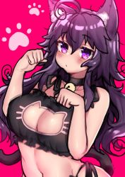 Rule 34 | 1girl, absurdres, ahoge, animal ear fluff, animal ears, bad id, bad tumblr id, bell, black choker, blush, breasts, cat ears, cat lingerie, cat tail, choker, cleavage, cleavage cutout, closed mouth, clothing cutout, hands up, highres, jingle bell, large breasts, long hair, looking at viewer, meme attire, navel, neck bell, nyarla (osiimi), original, osiimi, paw pose, paw print, purple hair, red background, solo, tail, upper body
