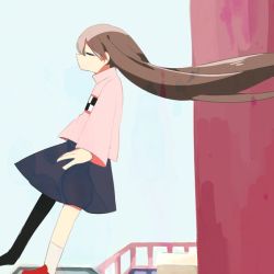 Rule 34 | 1girl, brown hair, long hair, madotsuki, pink shirt, shirt, solo, suyazzz (soyoyon), sweater, very long hair, yume nikki