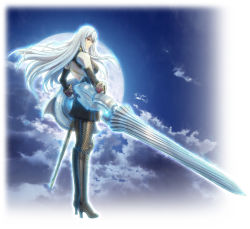 Rule 34 | 00s, 1girl, bare shoulders, boots, cloud, detached sleeves, female focus, full body, high heels, long hair, looking back, military, military uniform, moon, night, official art, outdoors, pantyhose, polearm, red eyes, selvaria bles, senjou no valkyria (series), senjou no valkyria 1, sheath, shield, shoes, silver hair, sky, solo, spear, uniform, weapon