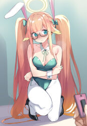 Rule 34 | 1girl, 1other, alternate costume, animal ears, bare shoulders, blue archive, blue eyes, blunt bangs, blush, bow, bowtie, breasts, clonatenshi, crossed arms, detached collar, glasses, gradient hair, green leotard, halo, head wings, highres, leotard, long hair, looking at viewer, medium breasts, multicolored hair, on one knee, orange hair, pantyhose, playboy bunny, rabbit ears, remote control vibrator, sex toy, shimiko (blue archive), strapless, strapless leotard, twintails, very long hair, vibrator, wings, wrist cuffs