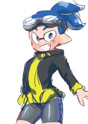 Rule 34 | 1boy, bike shorts, blue eyes, blue hair, contrapposto, fang, goggle-kun (splatoon), goggles, goggles on head, highres, inkling, inkling boy, inkling player character, jacket, male focus, nintendo, open mouth, pointy ears, smile, solo, splatoon (manga), splatoon (series), standing, tentacle hair, topknot