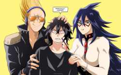 Rule 34 | 1girl, 2boys, artist name, belt, black gloves, black hair, black jacket, black shirt, blonde hair, blue eyes, boku no hero academia, breasts, bridal gauntlets, cheek squash, collarbone, english text, eraser head (boku no hero academia), eye mask, fake beard, fake facial hair, fingerless gloves, from side, gloves, grin, hair up, hand on another&#039;s head, highres, holding, jacket, large breasts, looking at viewer, medium hair, midnight (boku no hero academia), mole, mole under eye, multiple boys, nail polish, orange background, present mic, purple hair, red belt, red nails, shirt, simple background, smile, sunglasses, teeth, trevo (trevoshere), upper body, upper teeth only