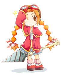 Rule 34 | 1girl, blush stickers, braid, brown eyes, capelet, carine, drill, full body, gloves, goggles, goggles on head, gurumin, highres, holding, holding weapon, looking at viewer, one eye closed, orange hair, oversized zipper, parin, skirt, smile, solo, standing, twin braids, weapon, white background