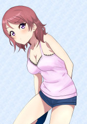 Rule 34 | 1girl, :o, aqua background, artist name, artist request, bare legs, bare shoulders, blue shorts, blush, breasts, cleavage, collarbone, female focus, frozze1, hair between eyes, looking at viewer, love live!, love live! school idol project, medium breasts, nishikino maki, pants off, pink shirt, purple eyes, red hair, shirt, short hair, short shorts, shorts, solo