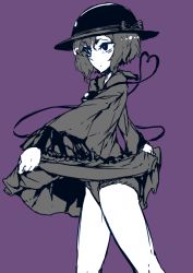 Rule 34 | 1girl, blue eyes, bow, clothes lift, frilled panties, frills, hat, hat bow, heart, heart of string, komeiji koishi, legs, long sleeves, monochrome, panties, purple background, short hair, simple background, skirt, skirt lift, solo, spot color, thighs, third eye, thupoppo, touhou, underwear, upskirt, walking, wide sleeves