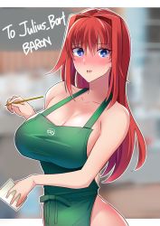 Rule 34 | 1girl, aozaki aoko, apron, baron (nsbaron), blue eyes, blush, breasts, cleavage, collarbone, commentary request, cup, disposable cup, english text, green apron, hair between eyes, hair intakes, holding, holding cup, holding pencil, iced latte with breast milk (meme), large breasts, lips, long hair, looking at viewer, meme, naked apron, outside border, parted lips, pencil, pink lips, red hair, sidelocks, solo, starbucks, tsukihime, upper body