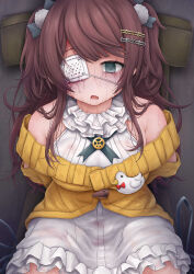 Rule 34 | 1girl, absurdres, arms behind back, azyapa3, breasts, brown hair, commentary request, cowboy shot, cross tie, crying, crying with eyes open, dress, empty eyes, eyepatch, frilled dress, frills, grey eyes, hair ornament, hairclip, highres, long hair, mahjong soul, medical eyepatch, medium bangs, medium breasts, off-shoulder sweater, off shoulder, open mouth, pom pom (clothes), pom pom hair ornament, shinomiya fuyumi, sidelocks, sleeveless, sleeveless dress, solo, sweater, tears, two side up, white dress, yellow sweater