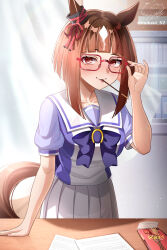 Rule 34 | 1girl, animal ears, bow, bowtie, breasts, brown hair, highres, horse ears, horse girl, horseshoe ornament, large breasts, looking at viewer, motsushi, multicolored hair, puffy short sleeves, puffy sleeves, purple bow, purple bowtie, purple serafuku, purple shirt, red-framed eyewear, red eyes, sailor collar, sailor shirt, school uniform, serafuku, shirt, short hair, short sleeves, solo, tracen school uniform, transcend (umamusume), umamusume, upper body, white hair