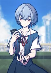 Rule 34 | 1girl, ayanami rei, blue dress, blue hair, blurry, blurry background, cityscape, cloud, cloudy sky, collarbone, cowboy shot, day, dot nose, dress, expressionless, highres, hio makoto, holding, looking at viewer, neon genesis evangelion, outdoors, reaching, reaching towards viewer, red eyes, sailor collar, school uniform, short hair, sky, solo, tokyo-3 middle school uniform, walkman, white sailor collar